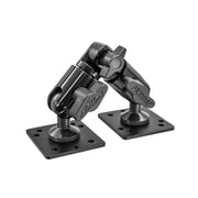 Two Heavy-Duty Multi-Angle AMPS Drill-Base Mounting Pedestals with adjustable arms, square bases, and AMPS heads. Features include positioning knobs and 4-hole AMPS pattern, ideal for secure installations.