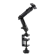 The Heavy-Duty Multi-Angle Clamp Mount with 8 inch Arm - Dual-T Compatible lets you securely attach cameras or lights to tables or desks with its multi-joint black arm and tightening knob.