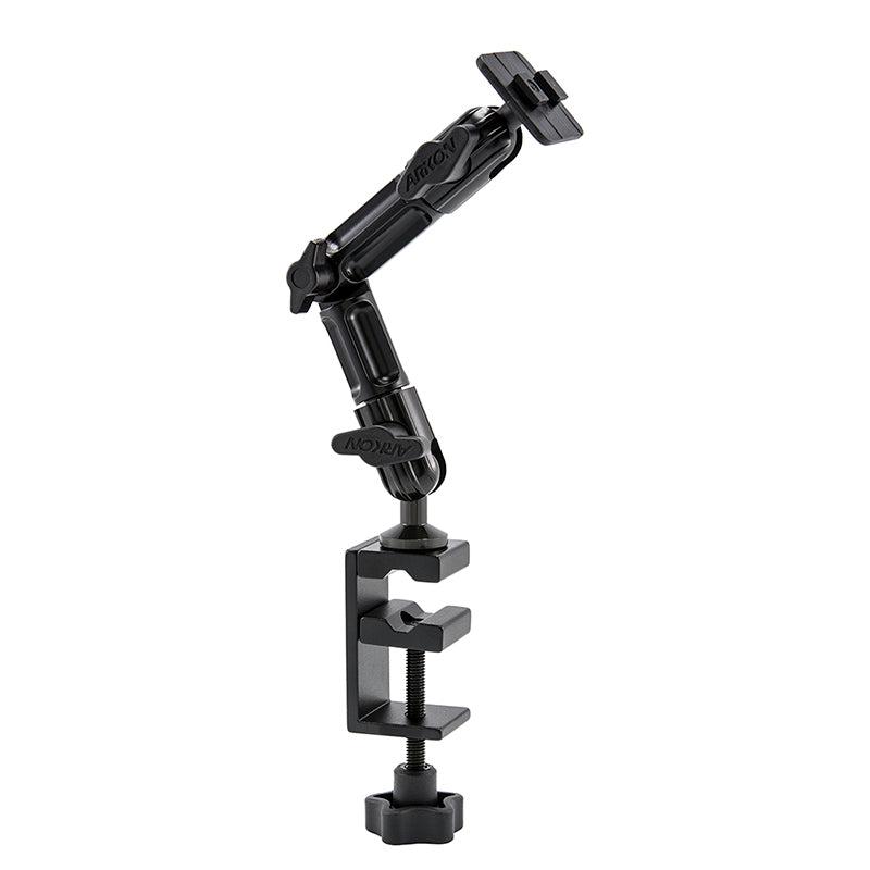 The Heavy-Duty Multi-Angle Clamp Mount with 8 inch Arm - Dual-T Compatible features a black metal arm, sturdy c-clamp base, and square mounting plate for secure device attachment to tables or desks.