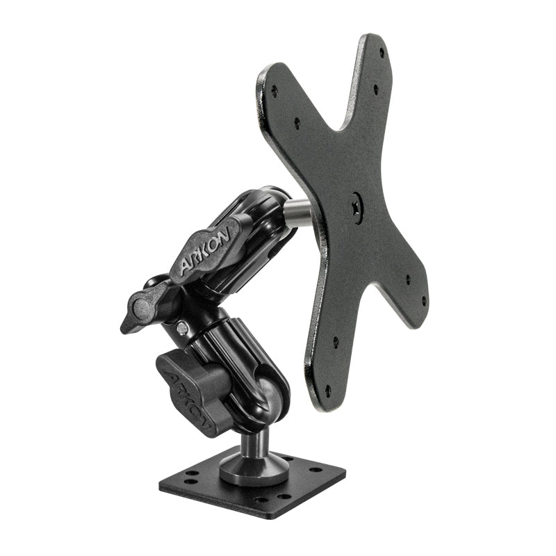 The Heavy-Duty Multi-Angle Drill-Base Mounting Pedestal for VESA 75/VESA 100 devices features a black adjustable metal bracket with an X-shaped mount plate and multi-angle arm, displayed against a white background.