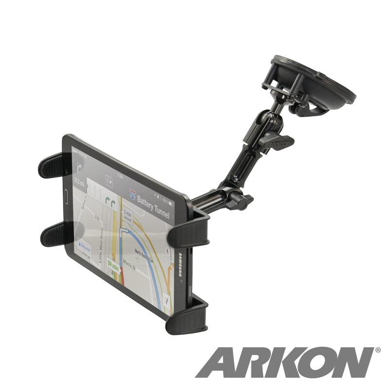 The Heavy-Duty Multi-Angle Slim-Grip® Tablet Suction Mount with 8 Arm securely holds a device on a surface. It features the Arkon logo in the bottom right corner and is designed for strong support and flexible positioning.