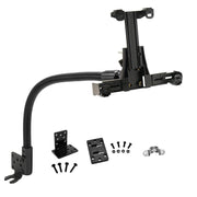 The LockVise™ Locking Seat Rail Tablet Mount with 22 Gooseneck features a flexible black mounting arm, adjustable clamp bracket, screws, and mounting plates—perfect for securely holding your device or ELD in vehicles.