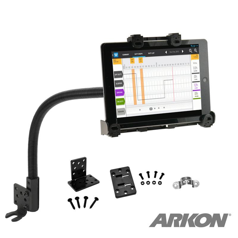 LockVise™ Locking Seat Rail Tablet Mount features a 22 adjustable gooseneck, shown holding a chart-displaying tablet. Includes multiple vehicle brackets, screws, and hardware. ARKON logo visible in the bottom right corner.