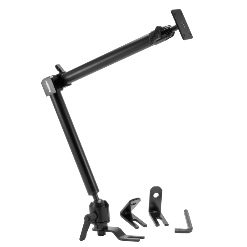 The Heavy-Duty Seat Rail Car Mount features a 22-inch adjustable black arm with multiple joints, locking levers, three extra brackets, and a 4-hole AMPS-compatible pedestal, shown on a white background.