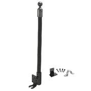 A Heavy-Duty Seat Rail Floor Mount Pedestal (25mm ball compatible) with a mounting bracket, metal hook, and four screws is displayed on a white background.