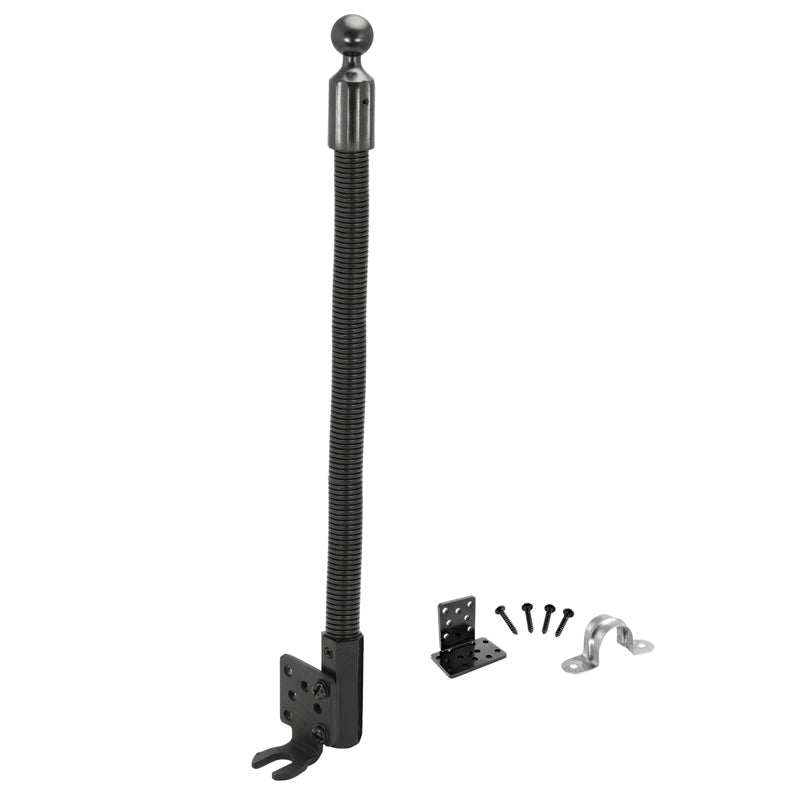 A Heavy-Duty Seat Rail Floor Mount Pedestal (25mm/1 inch ball compatible) with mounting brackets, four screws, and a small metal clip is arranged on a white background.