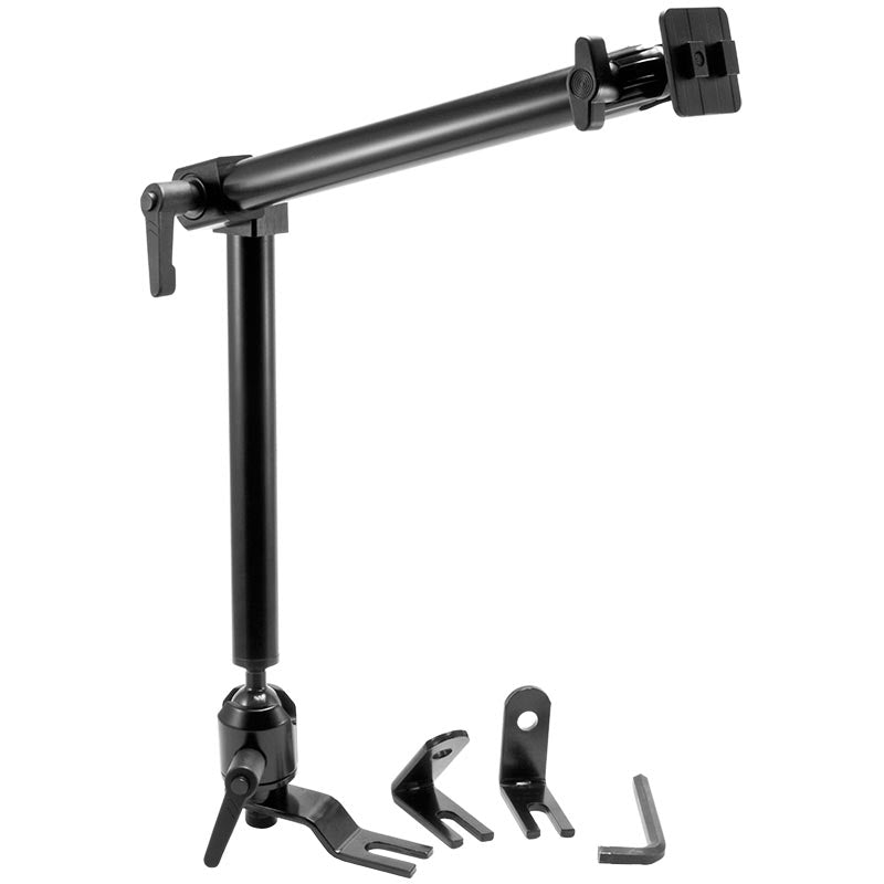 The Heavy-Duty Seat Rail or Floor Car Mounting Pedestal with 22 adjustable arm (Dual-T compatible) features jointed sections, a quick-release plate, three metal mounting brackets, and a hex key, all displayed on a white background.