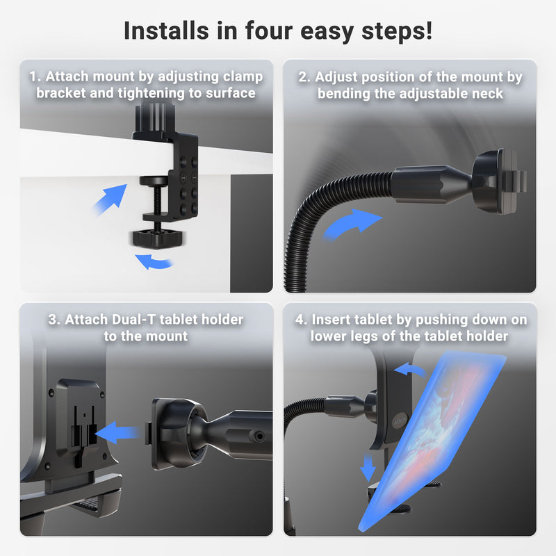 The instructional graphic shows four steps for using the Heavy-Duty Slim-Grip® Tablet Clamp Mount: attach the clamp to your desk, adjust the gooseneck, secure the universal tablet holder, and insert your tablet with blue arrows indicating each step.