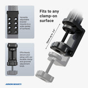 Diagram displays the Clamp Mounting Pedestal with 12 Gooseneck - Dual-T Compatible, featuring an adjustable clamp-on bracket with grooved knob, securely mounting on surfaces up to 3.0 inches. Includes close-up usage images.