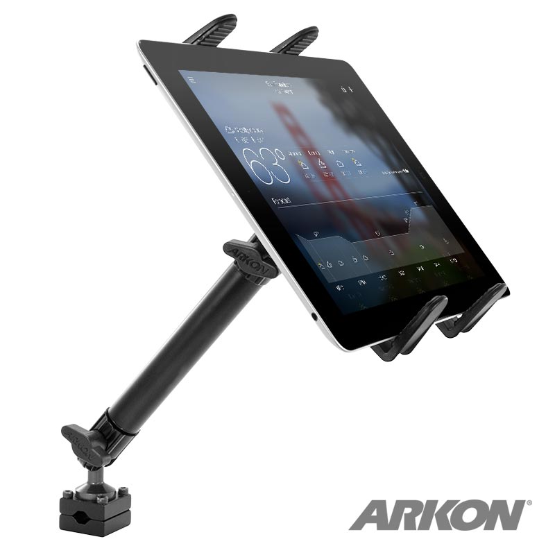 The Heavy-Duty Slim-Grip® Tablet Headrest Mount with 10 Arm securely holds a tablet showing a weather app. Its sturdy base and arm are ideal for rear seat entertainment, with the ARKON logo visible in the bottom right corner.