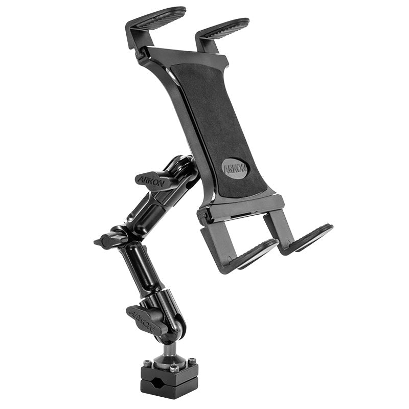 The Heavy-Duty Slim-Grip® Tablet Headrest Mount with Multi-Angle 8 Arm secures iPad, Note, and more with rubberized grips. Its adjustable design and clamp base attach to headrests for rear seat entertainment.
