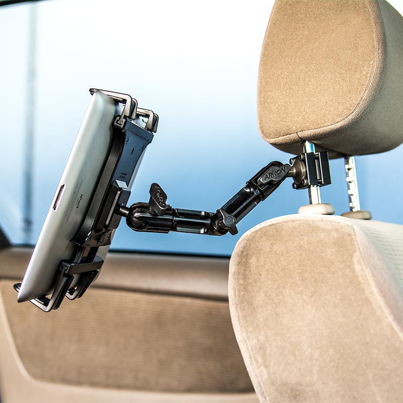 The Heavy-Duty Slim-Grip® Tablet Headrest Mount with Multi-Angle 8 Arm securely attaches an iPad or similar device to a cars headrest, providing the perfect rear seat entertainment solution for backseat passengers.