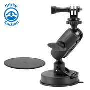 The Heavy-Duty Sticky Suction Mount for GoPro HERO Action Cameras, shown in black with adjustable joints beside a round adhesive pad, is ideal for car mounting. Sticky Suction and the logo are visible in the top left corner.