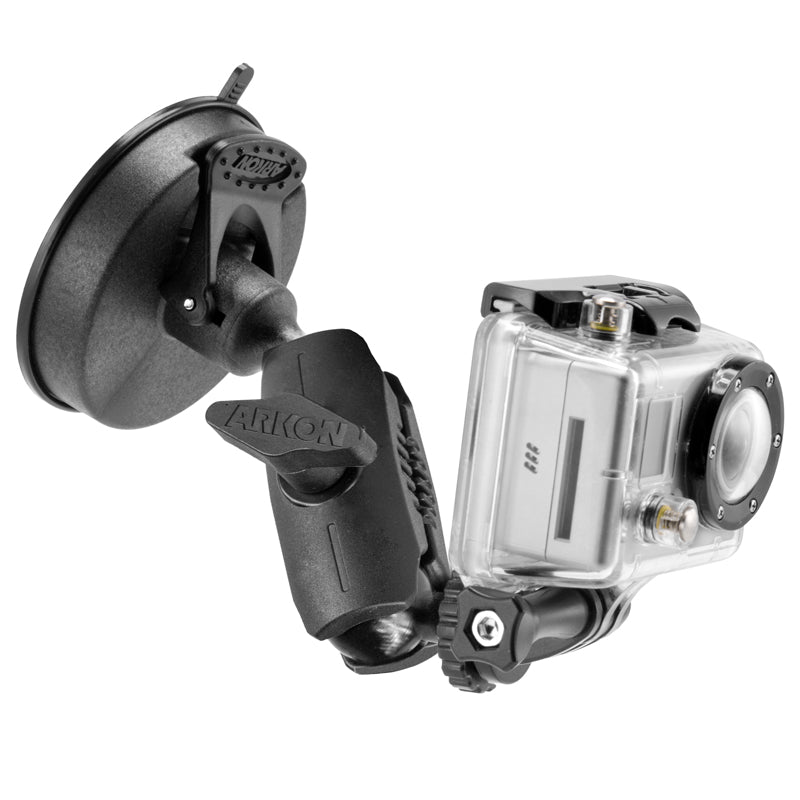 The Heavy-Duty Sticky Suction Mount secures your GoPro HERO action camera in a clear waterproof case, angled for optimal side and lens views—ideal as a GoPro car mount or accessory for capturing on-the-go footage.