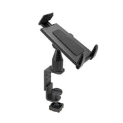 The Heavy-Duty Table or Desk Tablet Clamp Mount with 4 Arm for iPad, Note, and more features cushioned grips, an articulating arm, and a clamp base for secure mounting on desk or table edges. Ideal for positioning your device at different angles.