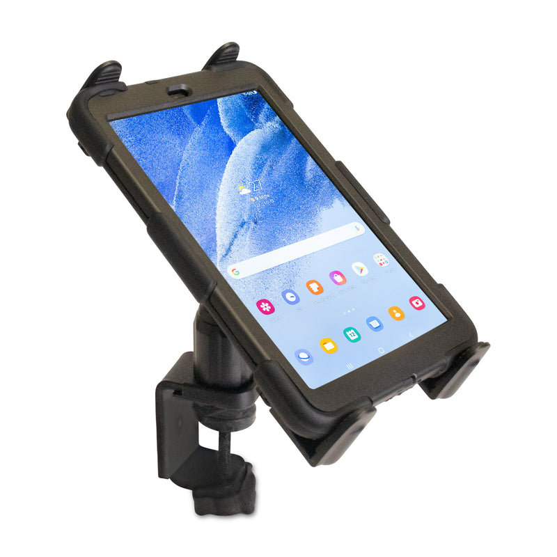 The Heavy-Duty Table or Desk Tablet Clamp Mount with 4 Arm securely grips a tablet with a blue-themed home screen. Its sturdy clamp base attaches easily to desks or poles, making it both strong and stylish for your workspace.