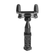 A Heavy-Duty Table or Desk Tablet Clamp Mount with a 4 arm and adjustable design, featuring a black metal frame, rubberized forked ends, a ball joint for angle adjustment, and a vertical mount with multiple screw holes, shown against a white background.