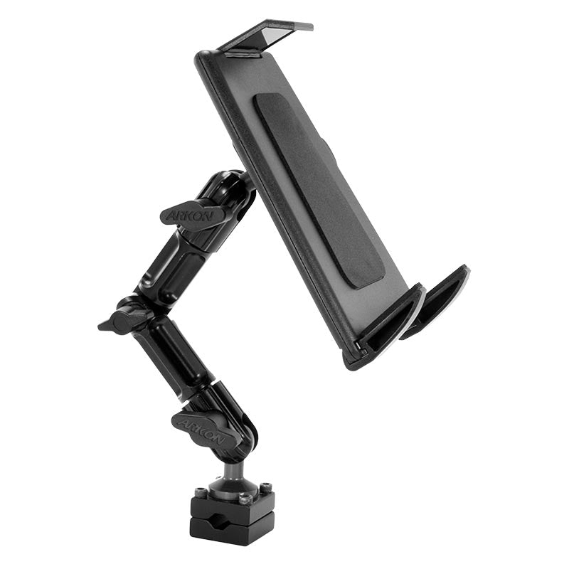 The Heavy-Duty Tablet Headrest Push-Button Multi-Angle Mount with 8 Arm securely holds your iPad, Note, and more in the car, ideal for rear seat entertainment with adjustable positioning and a sturdy square base.