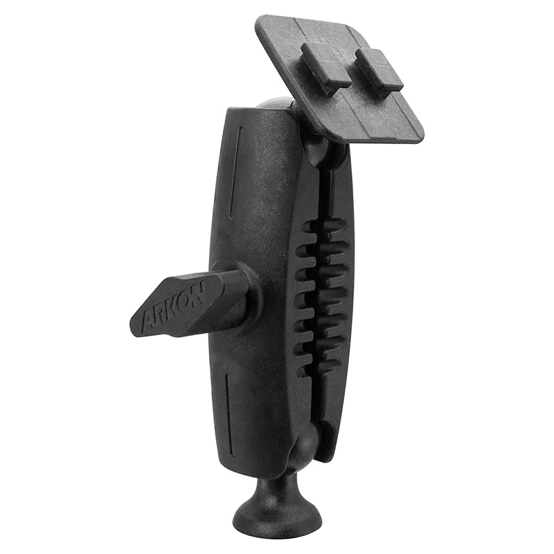 The Heavy-Duty Tripod Mount - Dual-T Compatible features a black adjustable arm with an ARKON-labeled knob and a rectangular device plate, plus a gear-like center for precise angle adjustments.