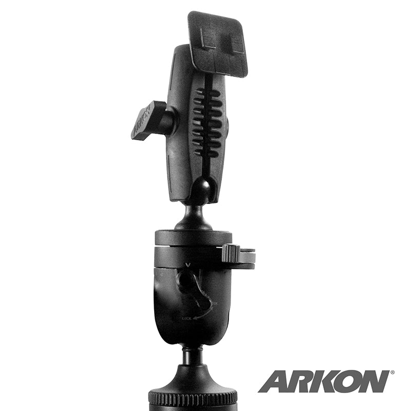 The Heavy-Duty Tripod Mount - Dual-T Compatible is a black, sturdy mount with an adjustable clamp and swivel base for devices. The ARKON logo is in the lower right corner against a plain white background.