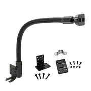 The Heavy-Duty Truck Seat Rail Floor Mount Pedestal - Dual-T Compatible features a black flexible gooseneck, multiple attachment plates, a clamp, and screws—ideal for secure, ELD-compliant device mounting in your vehicle.