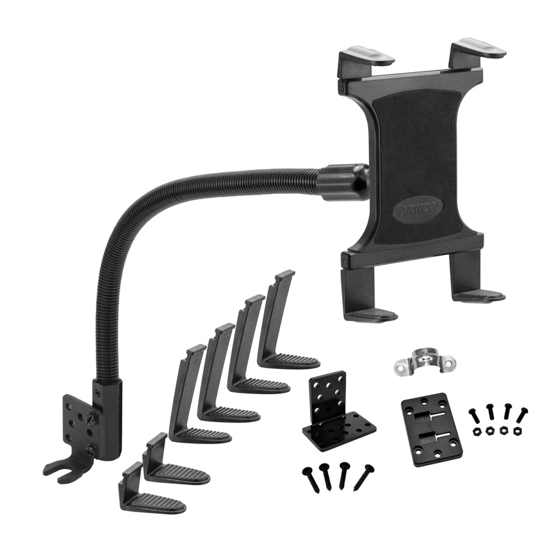 The Heavy-Duty Truck Seat Rail or Floor Slim-Grip® Tablet Mount features a 22-inch adjustable arm and mounting hardware, perfect for use as a car tablet holder—shown on a white background.