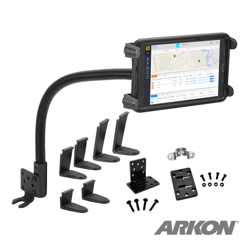The ARKON Heavy-Duty Truck Seat Rail or Floor Slim-Grip® Tablet Mount with 22-inch Arm is a flexible, black kit with adjustable holder, mounting brackets, screws, and hardware—ideal for car or seat rail use. A tablet in the holder shows a map and data.