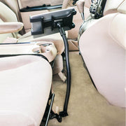 The Heavy-Duty Truck Seat Rail or Floor Slim-Grip® Tablet Mount with 22 inch Arm is installed between the front seats of a beige car, featuring a flexible, sturdy arm for secure tablet support.