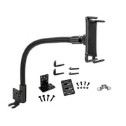 The Heavy-Duty Truck Seat Rail Slim-Grip® Ultra Mount for iPad, Galaxy, Note, and more includes a flexible black tablet holder with an adjustable arm, brackets, screws, and metal parts—perfect for phone or ELD mounting.