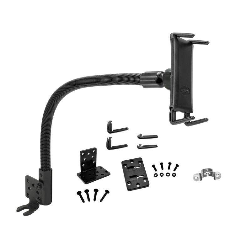 The Heavy-Duty Truck Seat Rail Slim-Grip® Ultra Mount for iPad, Galaxy, Note, and more includes a flexible black tablet holder with an adjustable arm, brackets, screws, and metal parts—perfect for phone or ELD mounting.