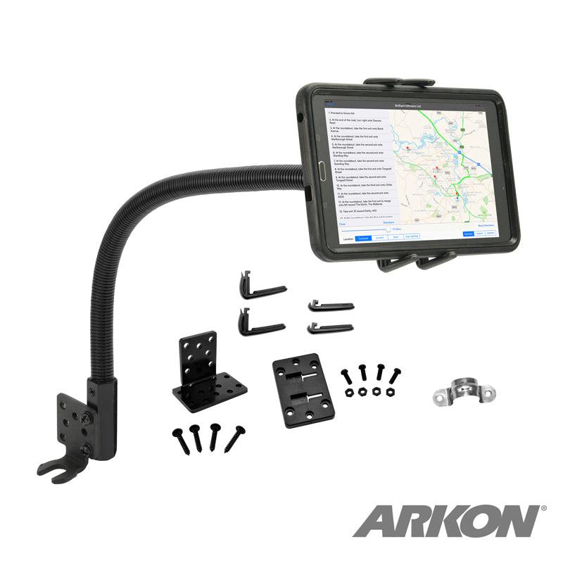 The Heavy-Duty Truck Seat Rail Slim-Grip® Ultra Mount securely holds iPad, Galaxy, Note, and more—ideal for ELD systems or as a truck seat tablet mount. An ARKON logo is visible, and a map displays on the mounted tablet.