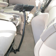 A car interior with beige upholstery and cup holders features the Heavy-Duty Truck Seat Rail Slim-Grip® Ultra Phone or Tablet Mount for iPad, Galaxy, Note, and more on a flexible arm between the front seats—ideal for device or ELD mounting on the go.