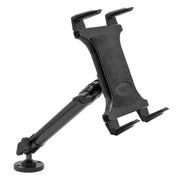 The Heavy-Duty Wall or Counter Drill-Base Tablet Mount with 10 Arm securely holds iPad, Note, and more for hands-free use. It features a sturdy clamp, adjustable arm, mounting base, and front branded logo. Ideal for both wall and counter setups.
