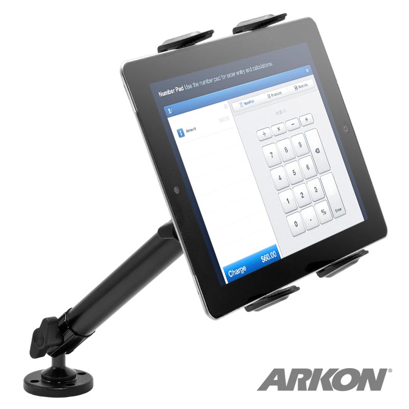 A Heavy-Duty Wall or Counter Drill-Base Tablet Mount with 10 Arm securely displays a tablet running a payment app; the mount is installed on a flat surface and features the ARKON logo in the bottom right corner.