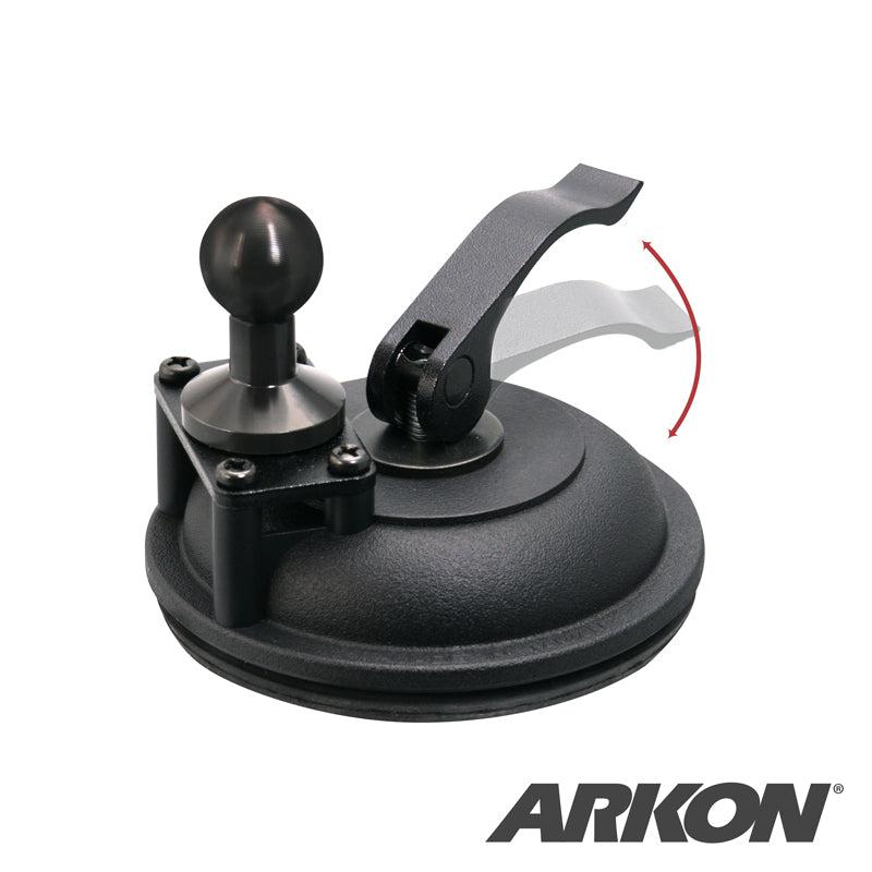 The image shows the Heavy-Duty Windshield Suction Base with Metal 20mm Ball in black, featuring a lever and 20mm ball head for mounting devices, with an arrow highlighting the movement of the lever.