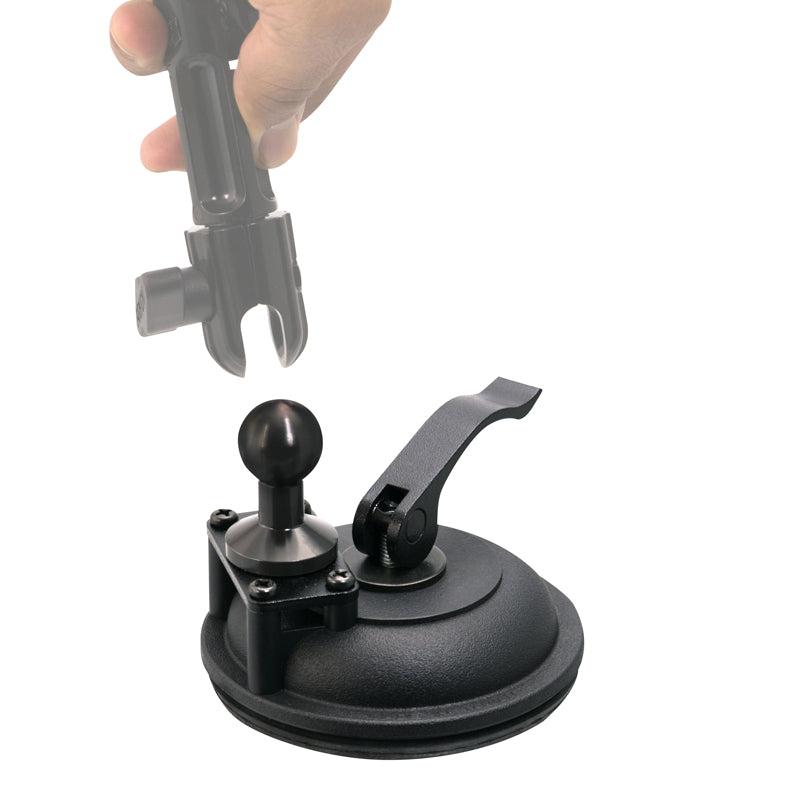 A hand holds a black mounting arm above the Heavy-Duty Windshield Suction Base with Metal 20mm Ball, preparing to attach the arm to the mount.