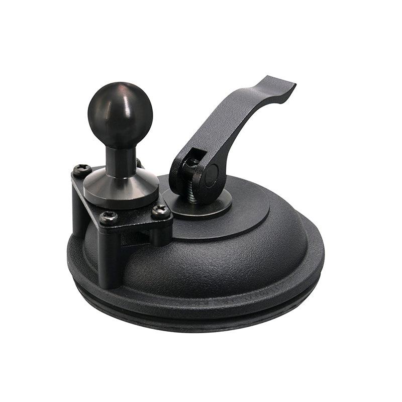 The Heavy-Duty Windshield Suction Base with Metal 25mm (1 inch) Ball securely attaches devices to flat surfaces like car windshields using a black, lever-operated suction mount and durable ball head.