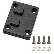The Horizontal Dual T-Tab to 4-Hole Narrow AMPS Adapter is a rectangular black plastic plate with two raised tabs and four screw holes, shown beside four metal screws and matching hex nuts.