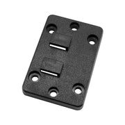 The Horizontal Male Dual T-Tab to 4-Hole Wide AMPS Adapter is a rectangular black plastic mount with two raised T-tabs and six round holes, shown on a white background.