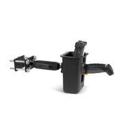The Large Barcode Holster Forklift Front Guard Mount with 5 Shaft is a black plastic holder with a handle and adjustable bracket, designed for secure device placement on wheelchairs, scooters, strollers, or forklift scanner mounts.
