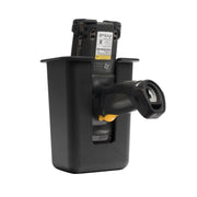 The Large Barcode Scanner Gun Holster Holder stores the barcode scanner upright in a black plastic holder, displaying its handle at the front and a technical information label on top of the device.