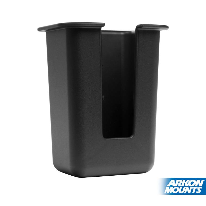 The Large Barcode Scanner Gun Holster Holder is a black plastic cup holder insert with an open front slot, ideal for holding barcode scanners. Displayed against a white background with the Arkon Mounts logo in the bottom right corner.