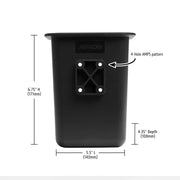 The Large Barcode Scanner Gun Holster Holder is a black cup holder mount with a 4-hole AMPS pattern, perfect for barcode scanners. Dimensions: 6.75 height, 5.5 width, 4.35 depth; all features and measurements are labeled with arrows.