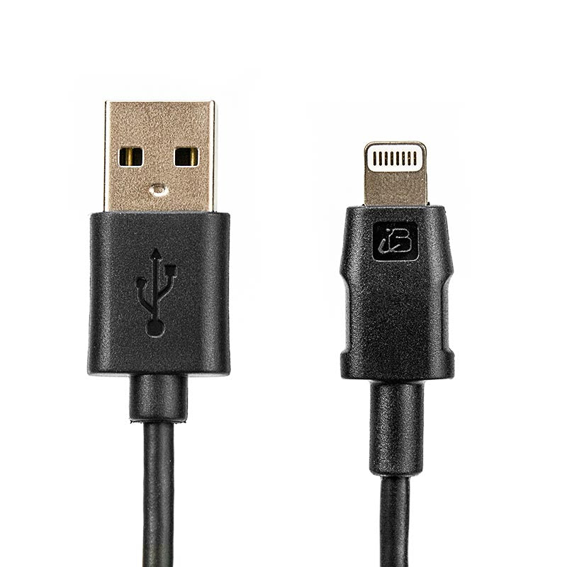 A Lightning to USB Charging Cable for iPhone, iPad and iPod, black and Apple MFI Certified, is shown with both connectors visible on a white background.