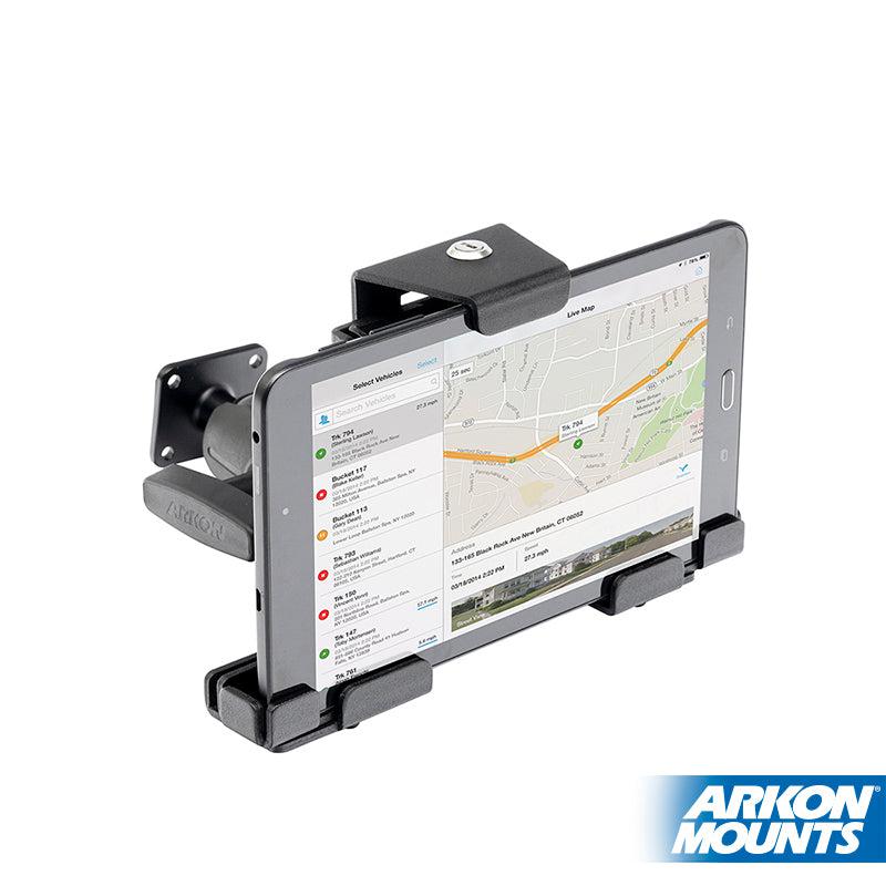 A LockVise™ Metal Locking Tablet Mount with Drill Base securely holds a tablet with a map on-screen. Wall-mounted for security, the holder displays the Arkon Mounts logo in the bottom right corner.