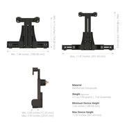 Technical diagram of the LockVise™ Locking Forklift Front Guard Tablet Mount with 5 Robust™ Shaft (black), showing front/side views, adjustable width/height in inches/mm, material, weight, and compatibility for forklift or warehouse use.