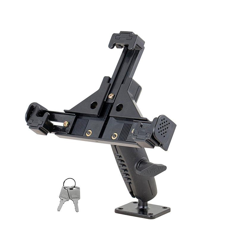 The LockVise™ Locking Phone Mount with 2.75 arm and metal AMPS drill base is shown in black, featuring an adjustable locking mechanism and two silver keys on a keyring for secure mounting.
