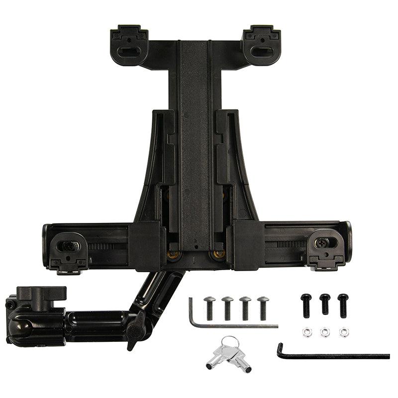 The LockVise™ Locking Car Headrest Tablet Mount with Multi-Angle 8 Arm in black includes screws, hex keys, washers, and two keys—all arranged neatly on a white background; perfect for rear seat entertainment in your car.