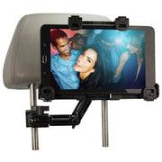 The LockVise™ Locking Car Headrest Tablet Mount with Multi-Angle 8 Arm is mounted on a grey headrest, displaying a group of people smiling and dancing at a party, with its sturdy metal locking posts visible.