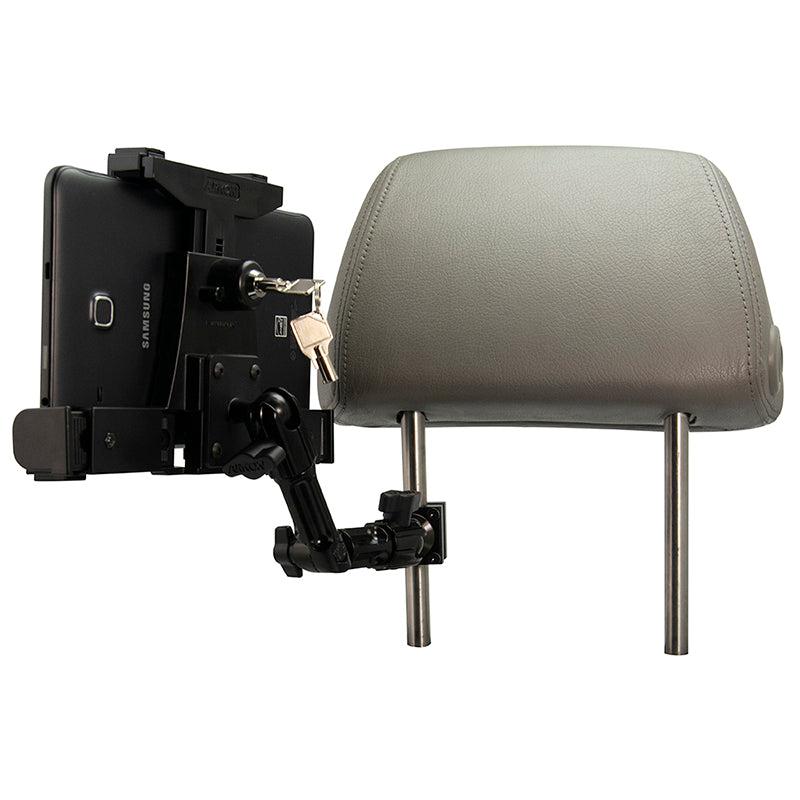 The LockVise™ Locking Car Headrest Tablet Mount with Multi-Angle 8 Arm secures your Samsung tablet to gray car headrest rods, providing sturdy and reliable rear seat entertainment in a durable black holder.